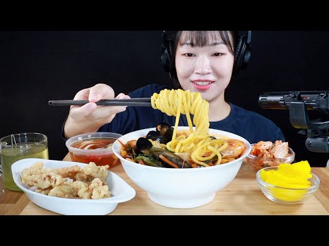 ASMR Spicy Seafood Noodles + Sweet and Sour Pork Eating Sounds | Korean Chinese Food | MINEE EATS