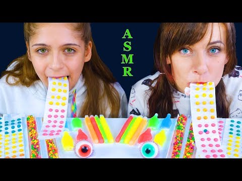 ASMR RAINBOW CANDY RACE WAX BOTTLE, NERDS ROPE, WAX STICKS, CANDY BUTTONS 먹방