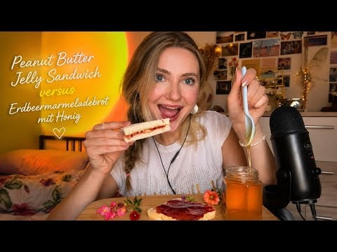 ASMR | peanut butter & jelly sandwich VS erdbeermarmeladebrot mit honig 🍓🥜🍯 (eating sounds)