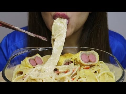 ASMR HUGE CREAMY PASTA / EGGFRIED SAUSAGEPIE ROLLS / no talking / CREMA ASMR #asmr #mukbang #pasta