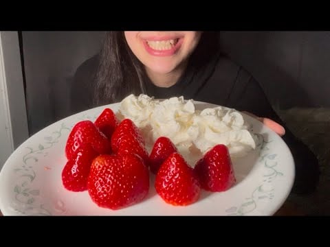 FRESH STRAWBERRIES AND WHIPPED CREAM ASMR EATING *JUICY EATING SOUNDS*