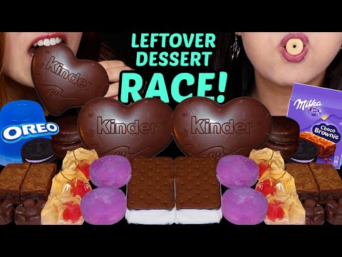 ASMR LEFTOVER DESSERT RACE! KINDER LOVE CHOCOLATE, PURPLE MOCHI ICE CREAM, MILKA CHOCO BROWNIE, OREO