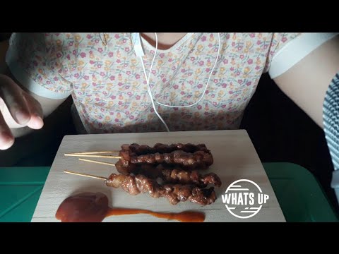 ASMR PORK BBQ ON A STICK OR SKEWER PORK WITH HOT SAUCE AND KETCHUP ( A LOT OF SLURPING ) MUKBANG