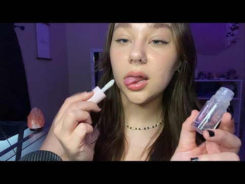 ASMR lipgloss application (mouth sounds, tongue clicking, whispers)