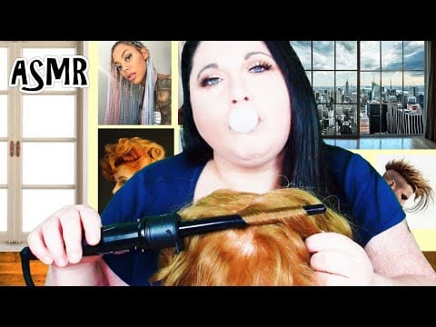 ASMR Gum Chewing Hair Salon Roleplay (Hair Curling, Real Hair, Hair Brushing, Hair Play, Styling)