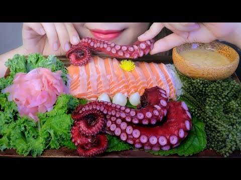 ASMR JAPAN OCTOPUS X SALMON SASHIMI PICKLE GALIC SEAGRAPES EATING SOUNDS | LINH-ASMR