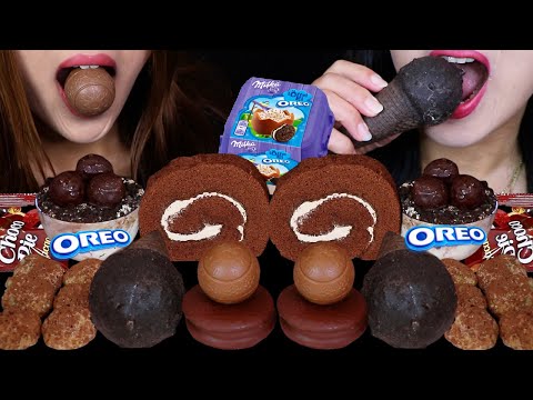 ASMR MILKA OREO CHOCOLATE SNOWBALLS, OREO ICE CREAM CONE, CHOCOLATE ROLL CAKES, MILK DUDS, MOUSSE 먹방