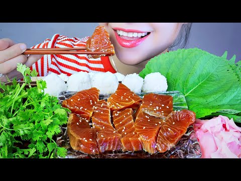 ASMR RAW SALMON IN SOY SAUCE EATING SOUNDS | LINH-ASMR