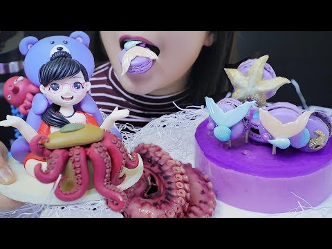 ASMR PURPLE FOOD OCEAN MERMAID MACARON MY CHIBI FONDANT JAPANESE OCTOPUS EATING SOUNDS | LINH-ASMR