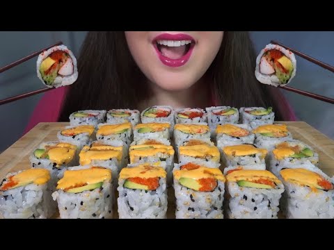 ASMR Sushi Platter [Spicy Salmon, Tuna, Crab, and California Roll] Eating Sounds