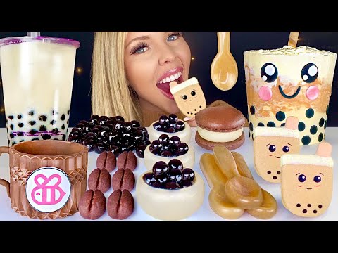 ASMR COFFEE BEAN COOKIES, MILK TEA CAKE, BUBBLE TEA, MOCHA COFFEE MACARONS, TAPIOCA MUKBANG 먹방 꿀벌