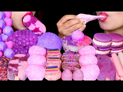 ASMR STRAWBERRY MOCHI ICE CREAM, PURPLE BOBA BALL, MACARON POP, NERDS ROPE, TAFFY, SNOBALL CAKE 먹방