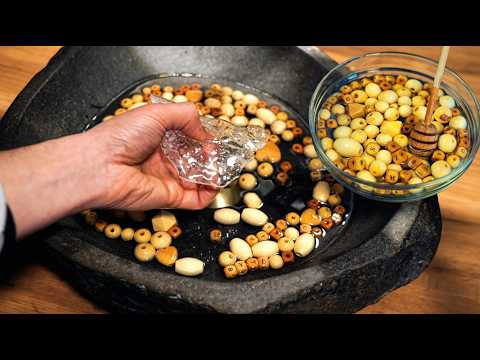 ASMR Wood & ice soup in a stone bowl