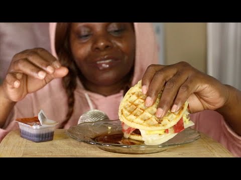 BACON SAUSAGE WAFFLE GRIDDLE ASMR EATING SOUNDS