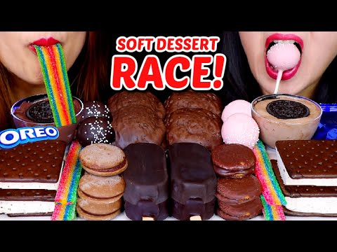 ASMR SOFT DESSERT RACE! CARAMEL BOMB CAKE, OREO CHOCOLATE MOUSSE, PUDDING, ICE CREAM, SOUR CANDY 먹방