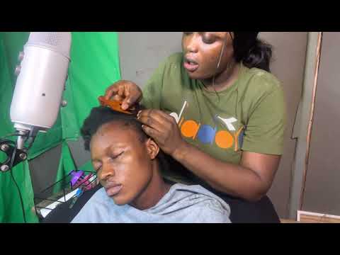 ASMR✨SOFT WHISPER AND GUM CRACKING CORNROW BRAIDING, SCALP SCRATCHING AND HAIR PARTING ON MY COUSIN.