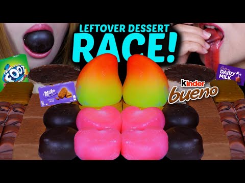 ASMR LEFTOVER DESSERT RACE! VIRAL MANGO ICE CREAM, MILKA CHOCOLATE CAKE BARS, BERRY MOCHI, KINDER 먹방