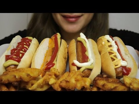 ASMR HOT DOG CHORIZO SAUSAGE / WAFFLED FRIES / MUKBANG / CREMA ASMR #asmr #mukbang #hotdog #food