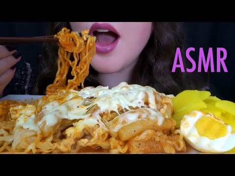 ASMR Cheesy Spicy Noodles & Rice Cakes [Tteokbokki] Eating Sounds