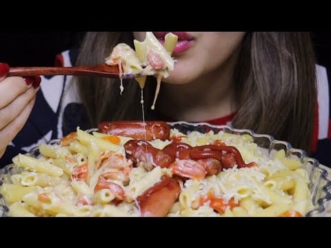 ASMR CHEESY CREAMY PENNE PASTA MINI SAUSAGE MUKBANG no talking CREMA ASMR #asmr #mukbang #pasta