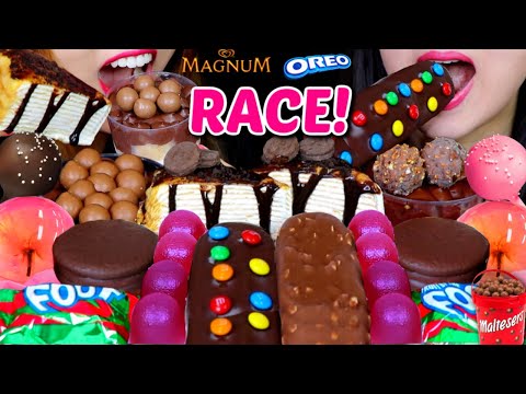 ASMR RACE! MOST POPULAR DESSERTS (OREO CREPE CAKE, MALTESERS PROFITEROLES, CAKE POP, M&M'S, JELLY 먹방