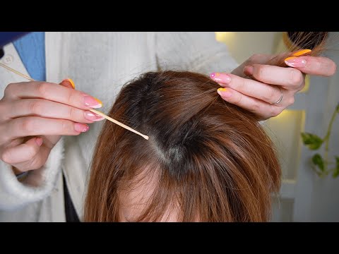 asmr scalp check sectioning with long nails, wooden comb, pick plus tweezers and light| no talking
