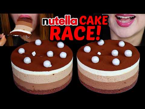 ASMR HUGE NUTELLA CHOCOLATE MOUSSE CAKE RACE! *big bites* satisfying soft eating sounds 먹방
