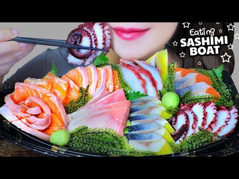 ASMR SASHIMI BOAT (RAW SALMON ,OCTOPUS, KAMPACHI FISH ,SEA GRAPES) EATING SOUNDS | LINH-ASMR