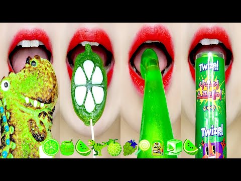 [ASMR MUKBANG] GREEN EMOJI FOOD 초록색 이모지 먹방 (kohakuto, honey jelly, candy) EATING SOUNDS