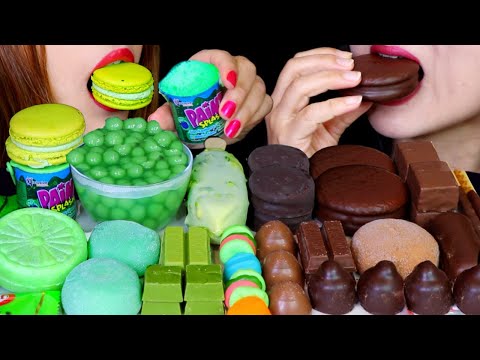 ASMR GREEN TEA BOBA, MOCHI ICE CREAM, CHOCOLATE MARSHMALLOW, CAKE BAR, GUMMY BURGER, MACARON, OREO먹방