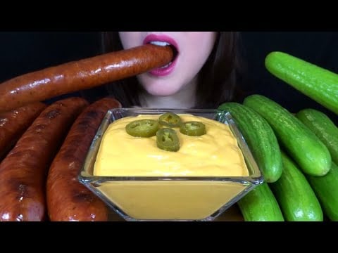 ASMR Sausage, Cucumbers, & SPICY CHEESE Sauce - EXTREMELY SATISFYING Eating Sounds!