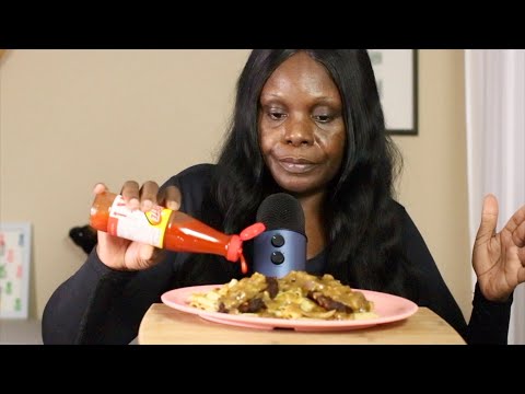 GRAVY STEAK BURGER PASTA (VEGETARIAN) ASMR EATING SOUNDS