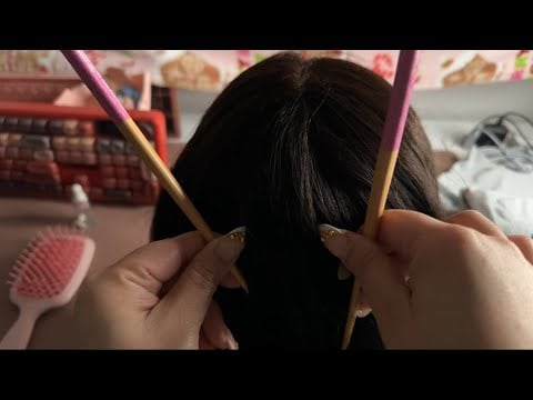 ASMR searching your hair for bugs with chopsticks 🥢- scalp scratching, some oiling & hair parting 