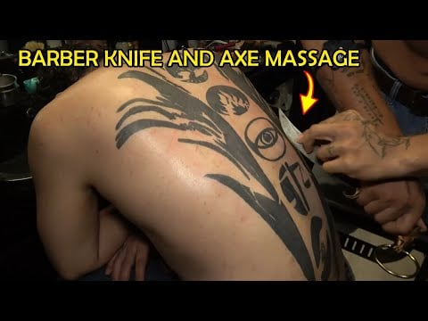 MUSCULAR BARBER KNIFE AND AXE MASSAGE 💈 CRACKS + ASMR head,face,ear,chest,back,neck,arm,palm massage