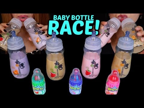 ASMR BABY BOTTLE RACE DRINKING CONTEST! (Strawberry, grape, coffee milk) 먹방