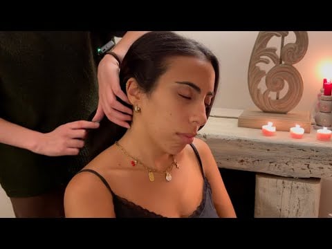 ASMR back scratches, scalp care, hair brushing, & oil massage for stress relief (whisper, rain)