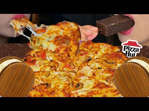 ASMR PIZZA HUT CHEESY PEPPERONI PAN PIZZA, GIANT CHOCOLATE MACARON ICE CREAM, MINT CHOCOLATE BARS 먹방