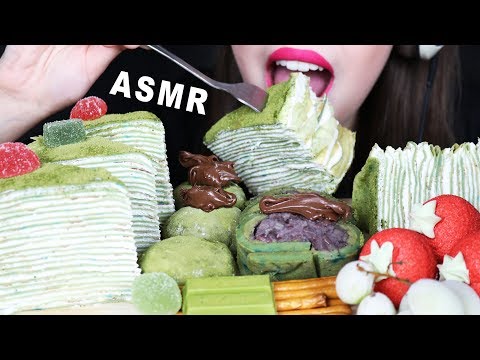 ASMR GREEN TEA CREPE CAKE, NUTELLA MOCHI, POPULAR CHOCOLATE (EATING SOUNDS) No Talking MUKBANG