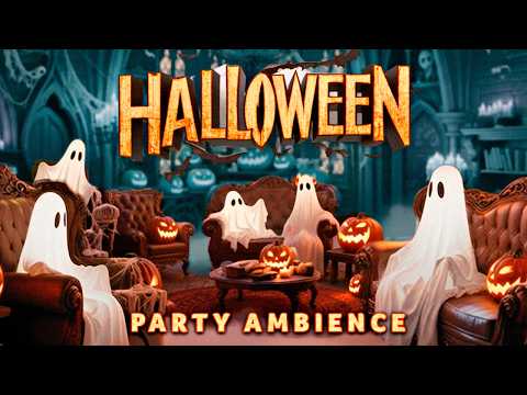 Halloween Party Background 🎃  Spooky Castle Ambience 👻 Funny Ghosts | Thunder & Rain + Fireplace